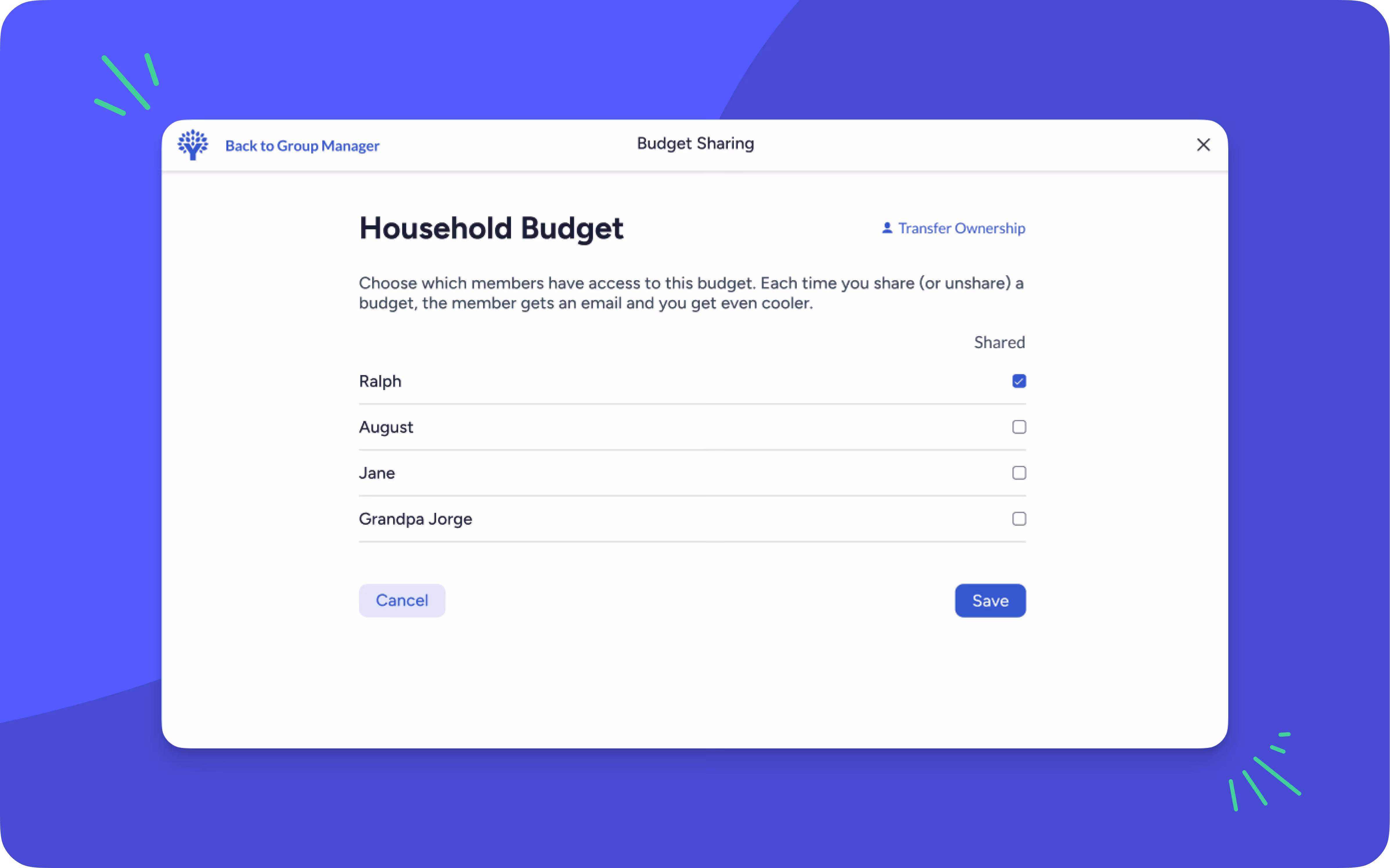 Budget sharing settings for the group manager in the YNAB web app